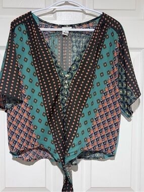 Tribal Teal and Rust Printed Tie-Front Crop Top